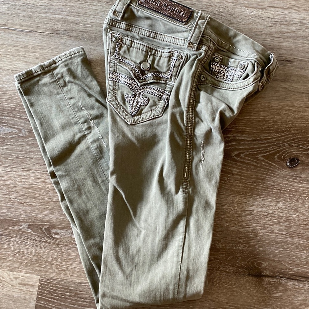 Rock revivals size 26 waist 30 length  skinny army green jeans